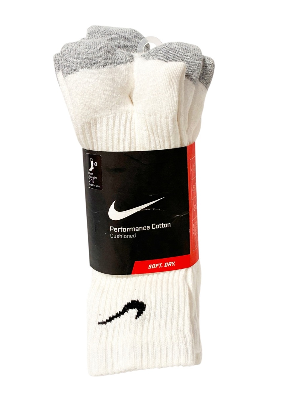 Nike 3-Pack Unisex Nike WHITE PERFORMANCE Cotton Cushioned Crew Socks Mens 8-12